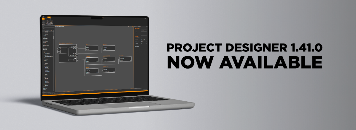 Project Designer 1.41.0 now available banner with laptop showing AV system design workflow software interface