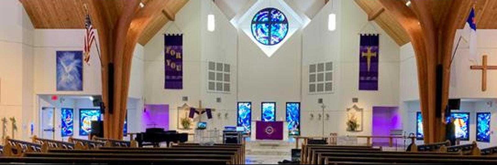Hero image of Shepherd of the Hills Church in San Antonio, Texas, with its contemporary Lutheran worship setting.