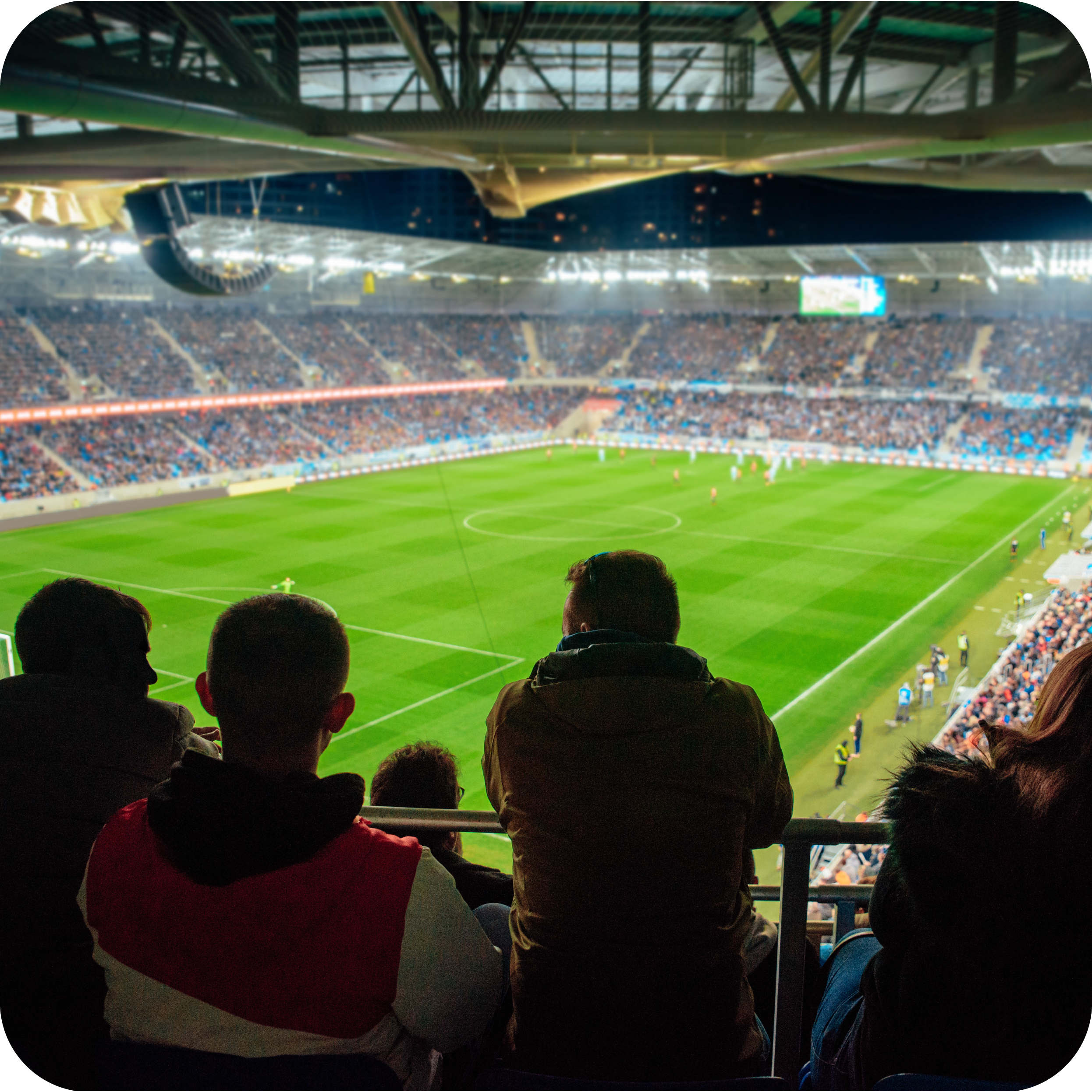 View of a soccer pitch from behind fans in the stands.