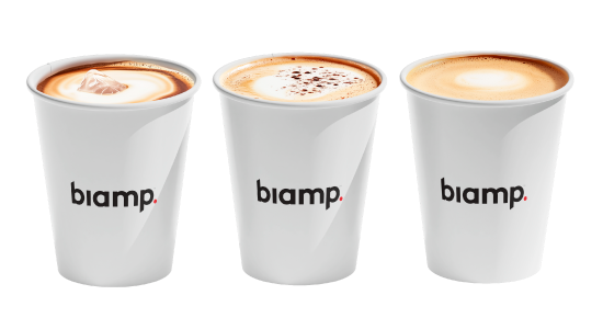 Image of three coffee cups with Biamp on each.