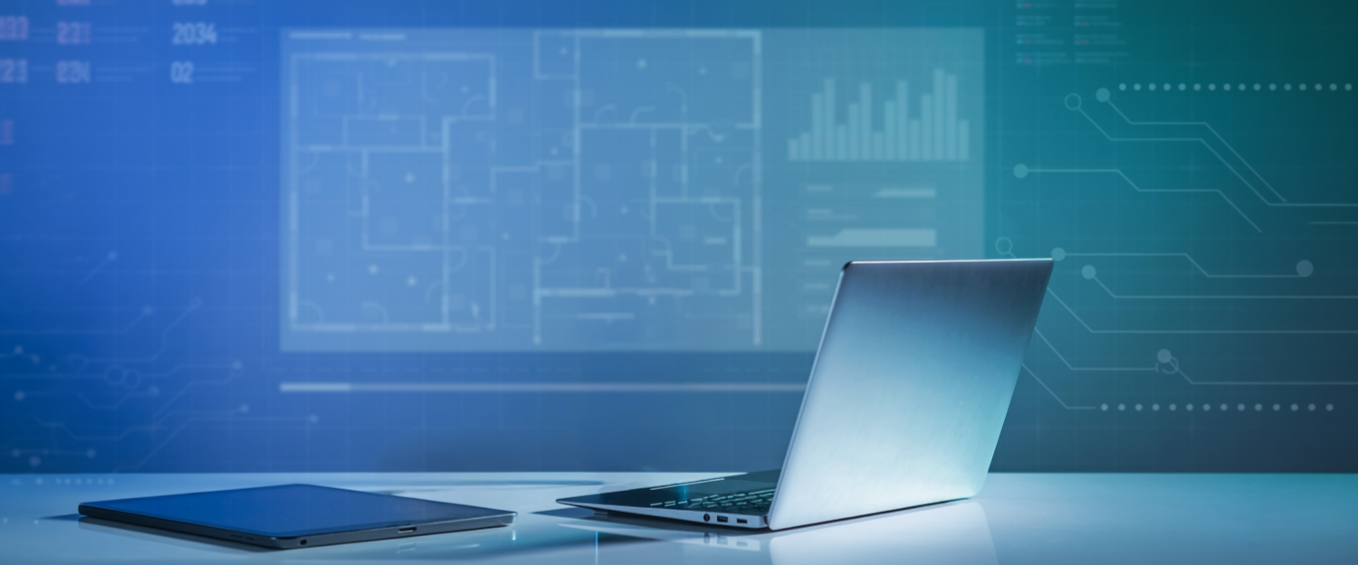 Technology imagery with laptopand architectural designs in background
