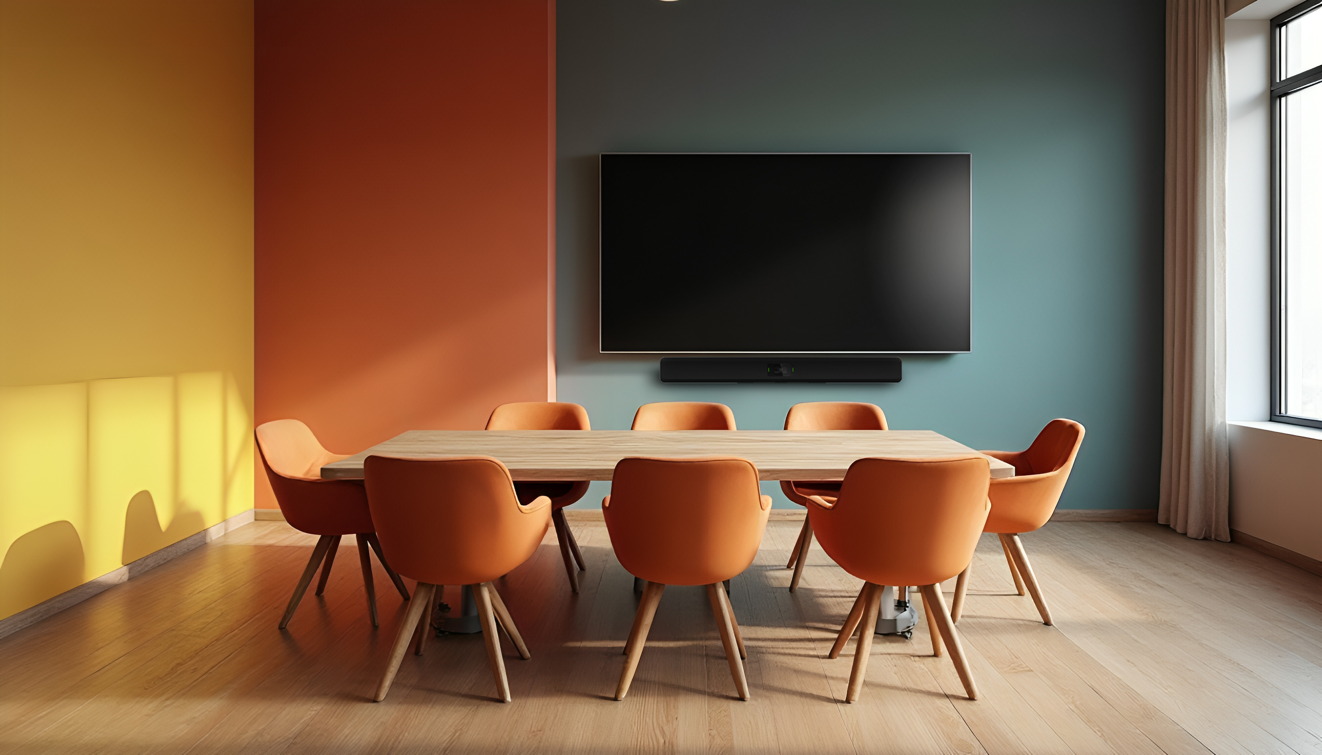 Desk in room showing a blank TV screen