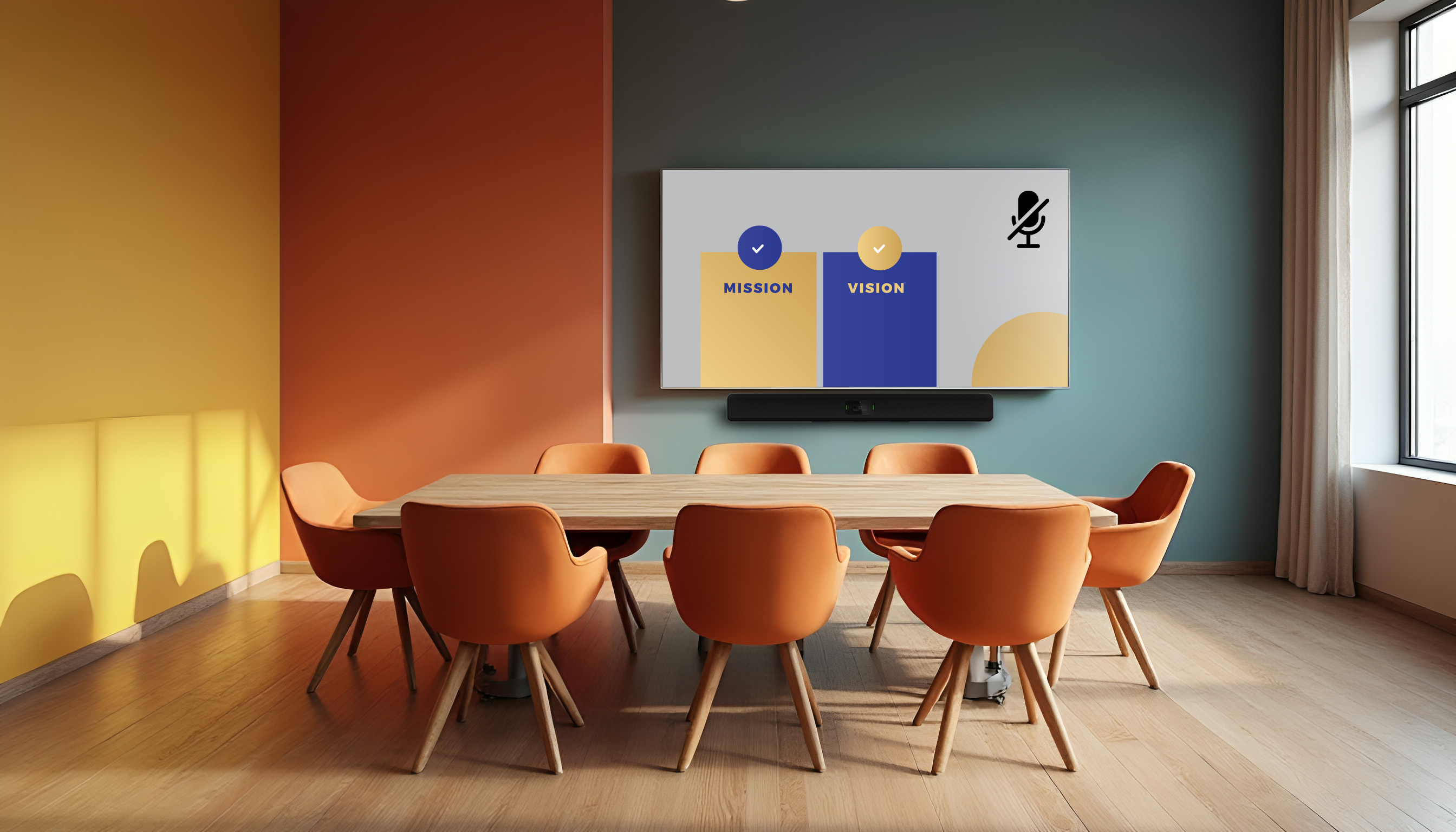 Desk in room showing a TV with muted mic icon