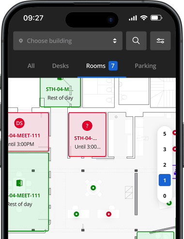 Smartphone displaying the Biamp Workplace booking app interface showing a floor plan with meeting room availability, including details for room STH-04-MEET-07 marked as available all day.