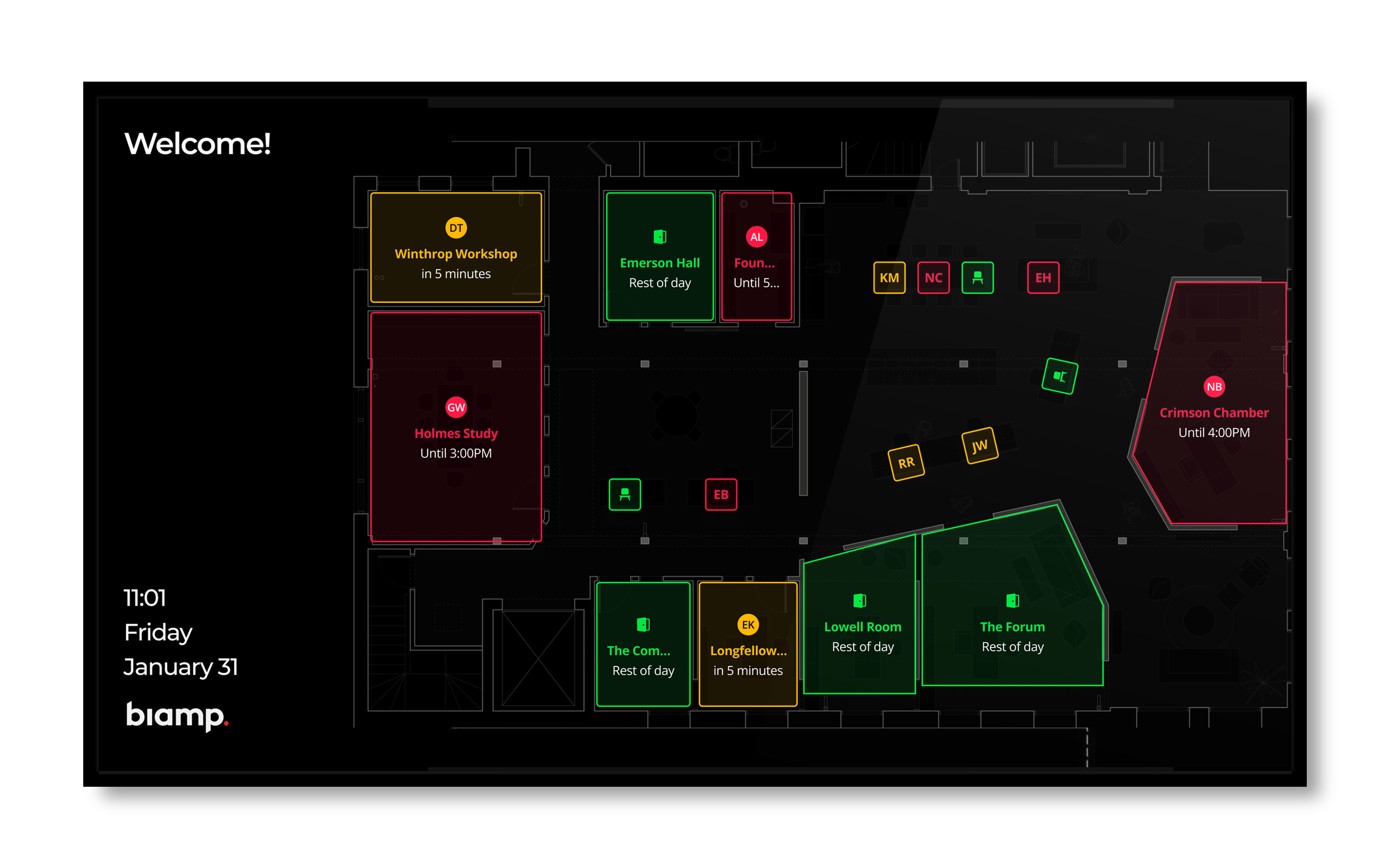 loor plan interface showing real-time room occupancy with color-coded outlines. Red rooms such as “Holmes Study” and “Crimson Chamber” indicate occupied, yellow rooms like “Winthrop Workshop” and “Longfellow” indicate upcoming meetings