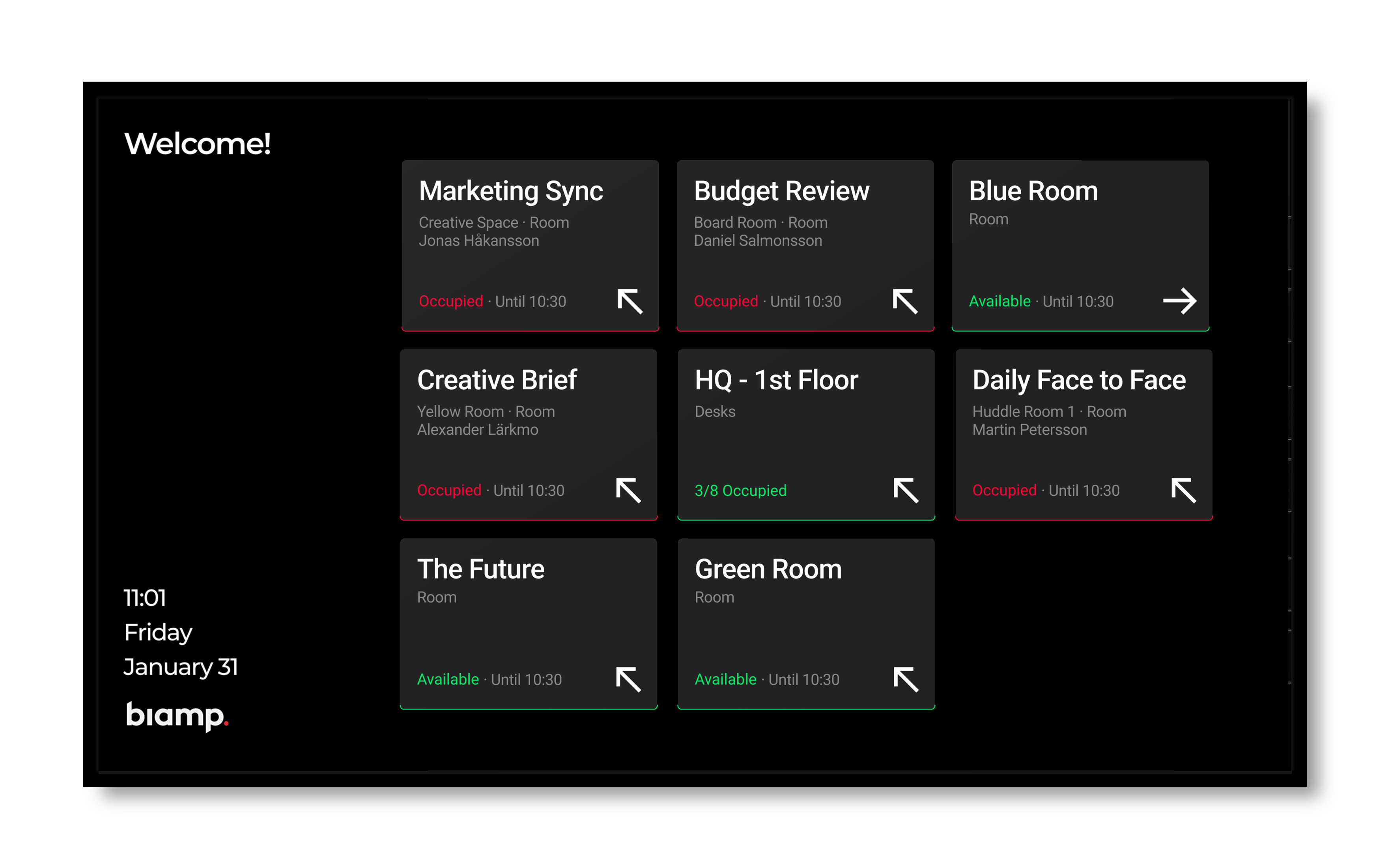 Digital meeting room overview displaying eight tiles labeled “Marketing Sync,” “Budget Review,” “Blue Room,” “Creative Brief,” “HQ - 1st Floor,” “Daily Face to Face,” “The Future,” and “Green Room.”