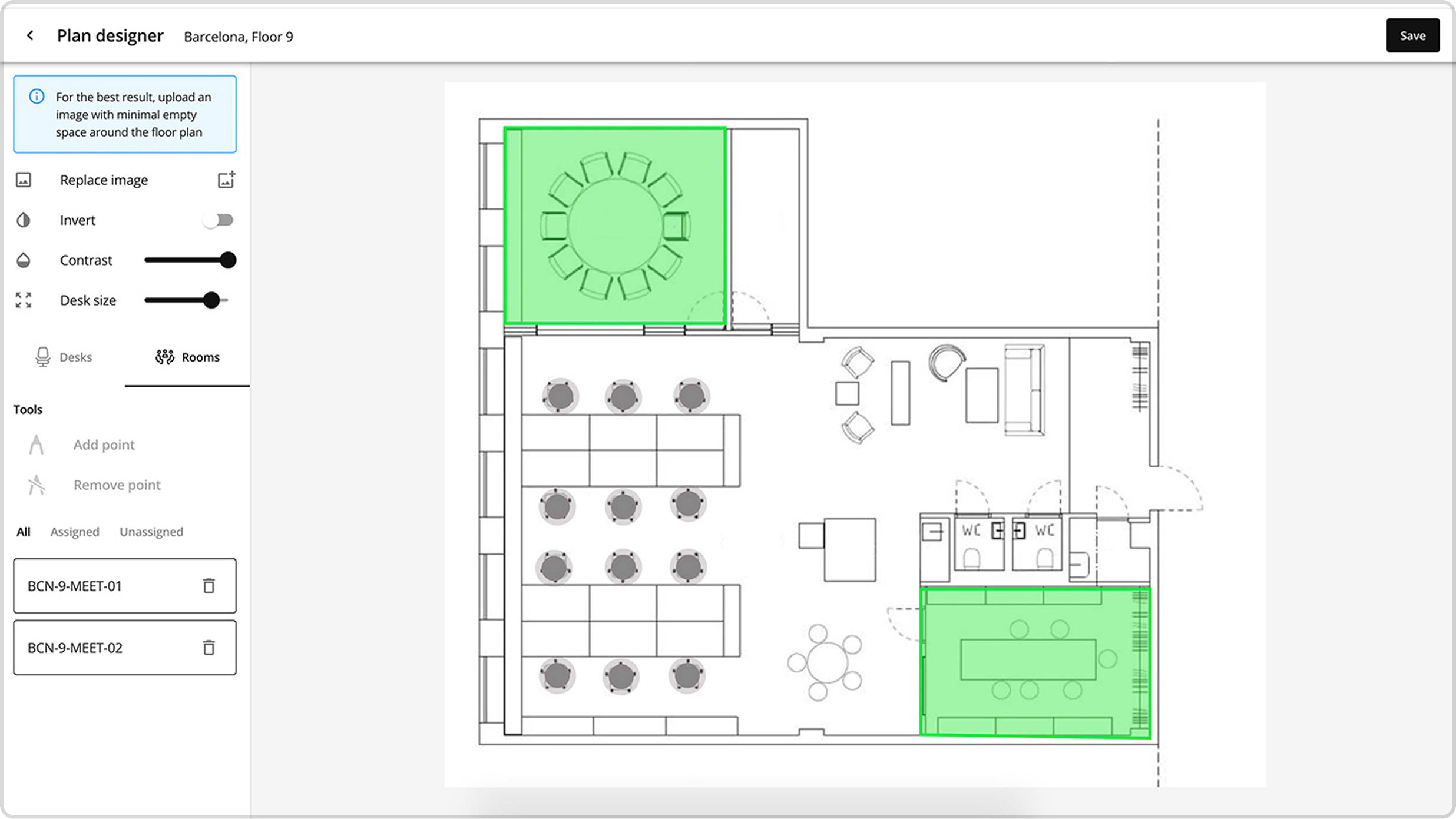 Floor layout showing workplace Designer user interface