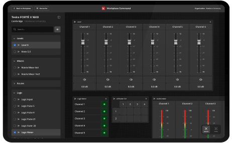 Tablet screen displaying the Biamp Workplace Command interface connected to a Tesira FORTÉ X 1600 device. The dashboard shows audio level sliders for six channels, logic meters with green indicators, routing and mixing controls