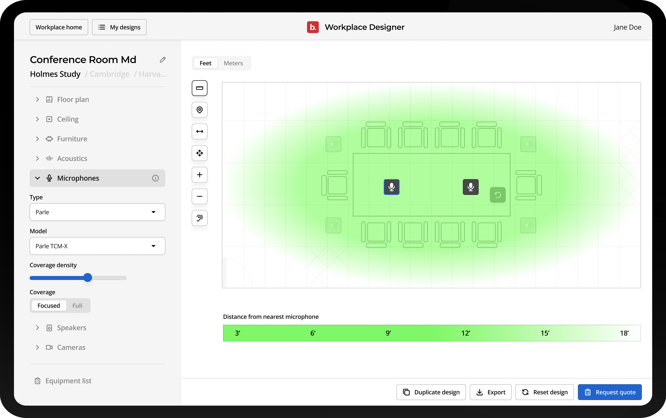 Screenshot of the Biamp Workplace Designer interface showing a conference room layout with two Parlé TCM-X microphones placed on a table. The microphones’ coverage areas are highlighted in green, displaying distance measurements from 3 to 18 feet.