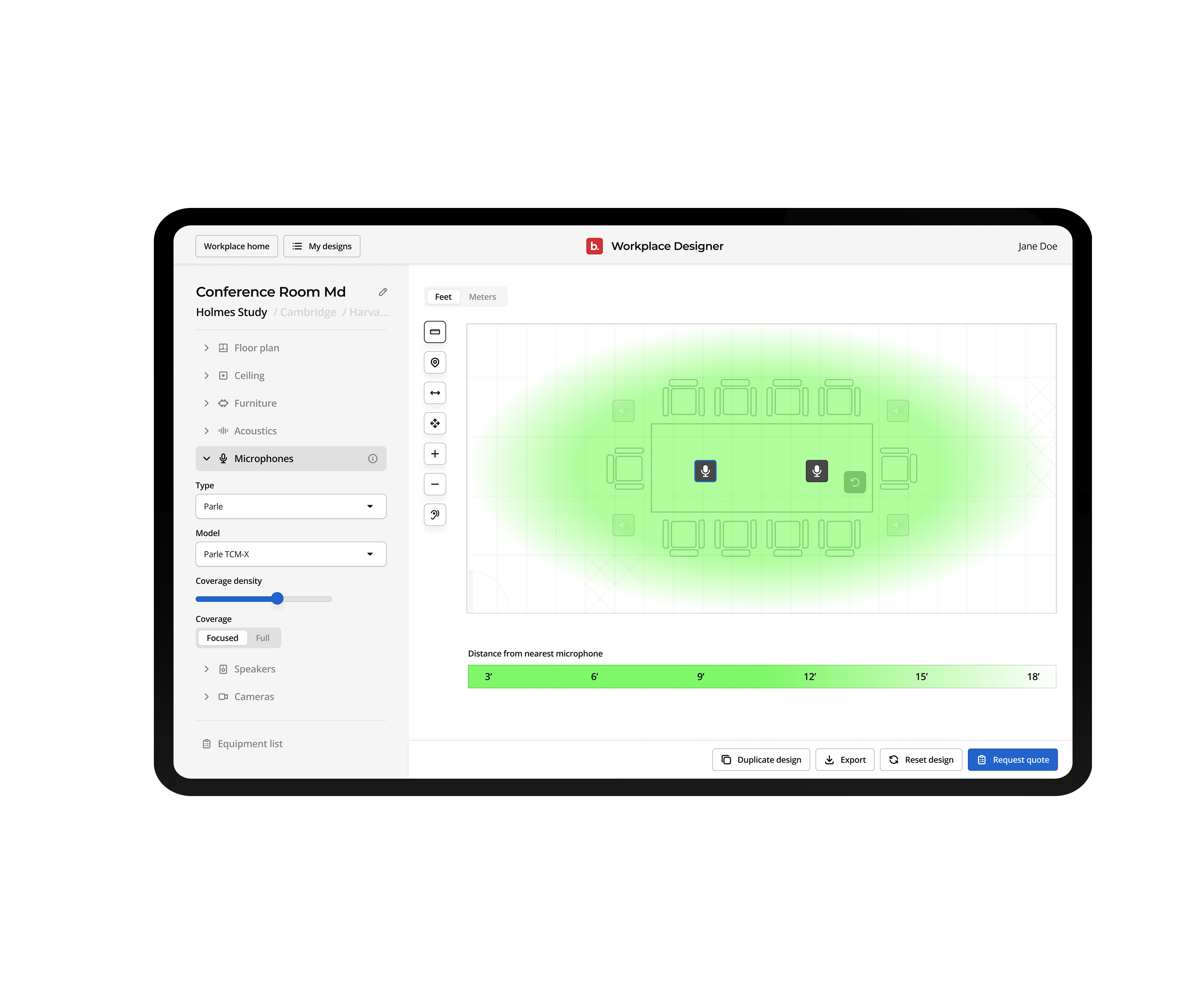 Workplace designer on a tablet displaying a conference table and chairs highlighting a green area