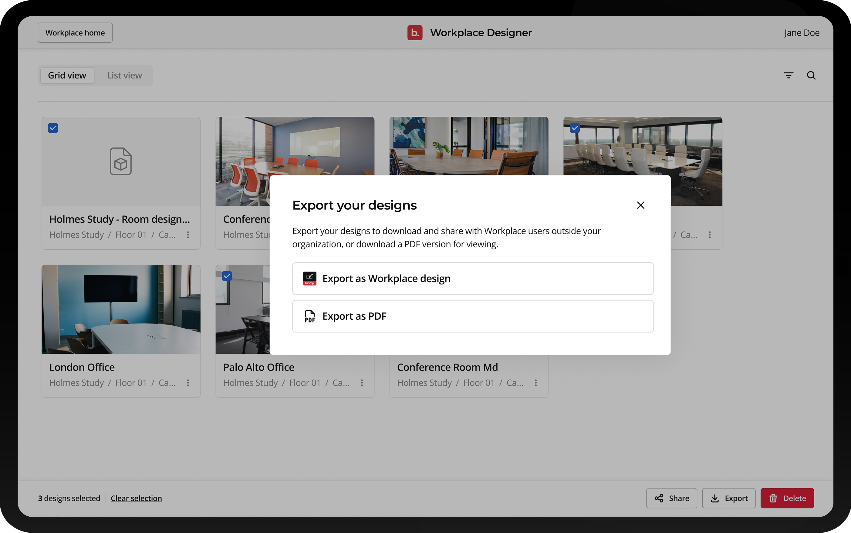 Export your designs dialog in the Biamp Workplace Designer interface, showing options to export selected room layouts as a Workplace design file or as a PDF. Three designs are selected in grid view, with thumbnails for various office layouts.