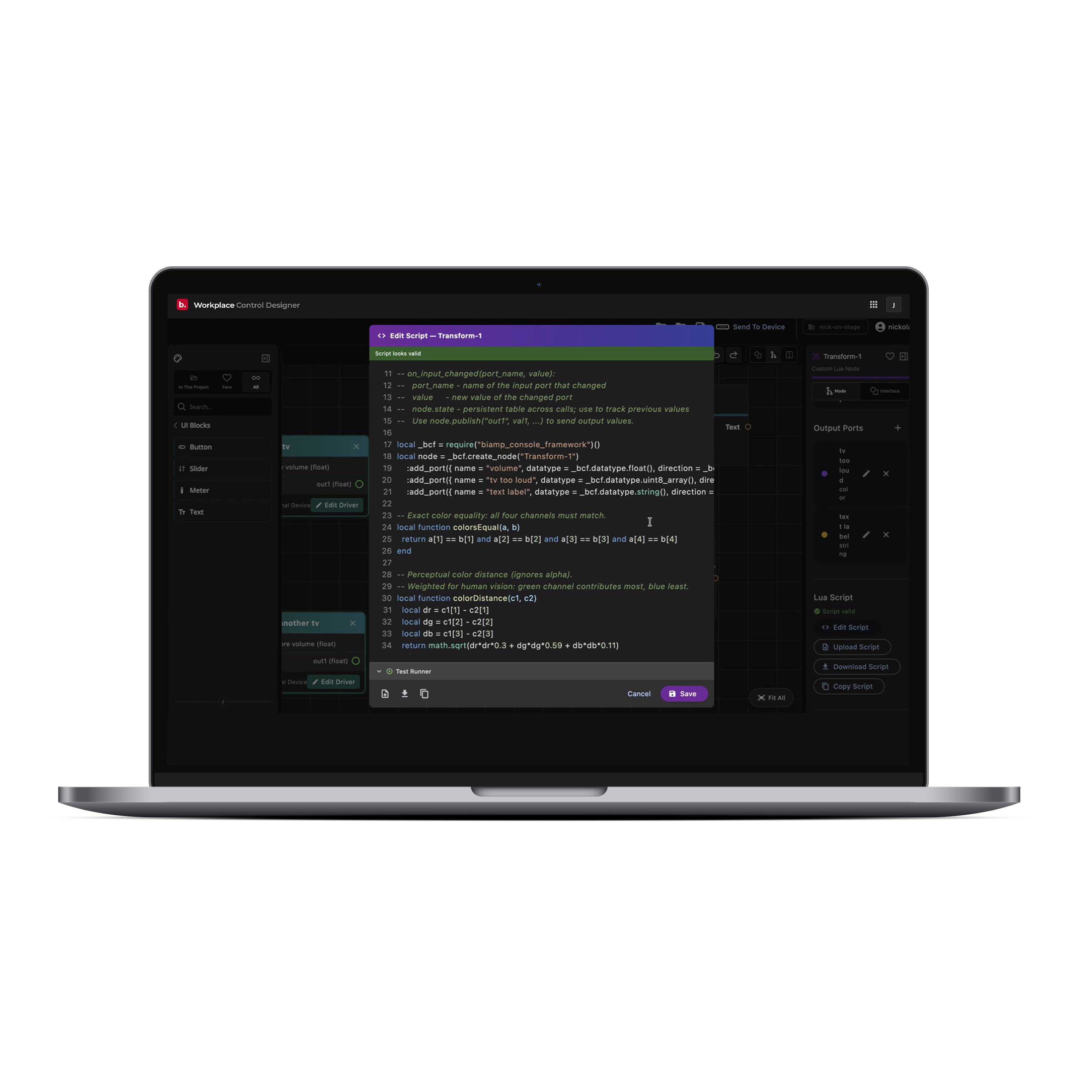 Laptop with control scripting window on it.