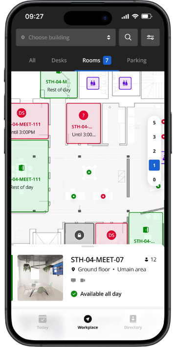 Mobile app interface showing a floor map of meeting rooms in Biamp Workplace.