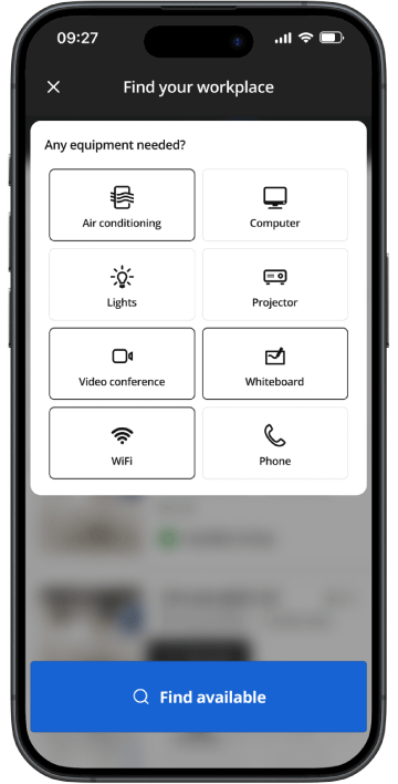 Meeting room details screen in Biamp Workplace app showing STH-04-MEET-07 with 12 seats, available all day, equipped with TV, interactive whiteboard, video conference, conference phone, and loudspeaker.